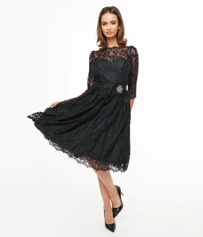 chiffon cocktail dress-Unique Vintage 1940s Black Lace Swing Dress