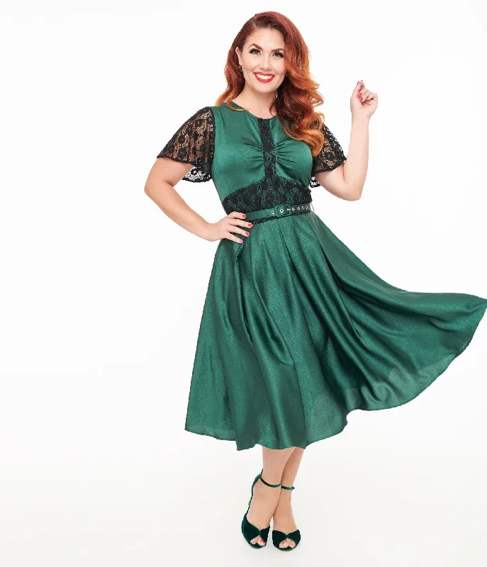 ivory cocktail dress-Unique Vintage 1940s Emerald Green & Black Lace Swing Dress