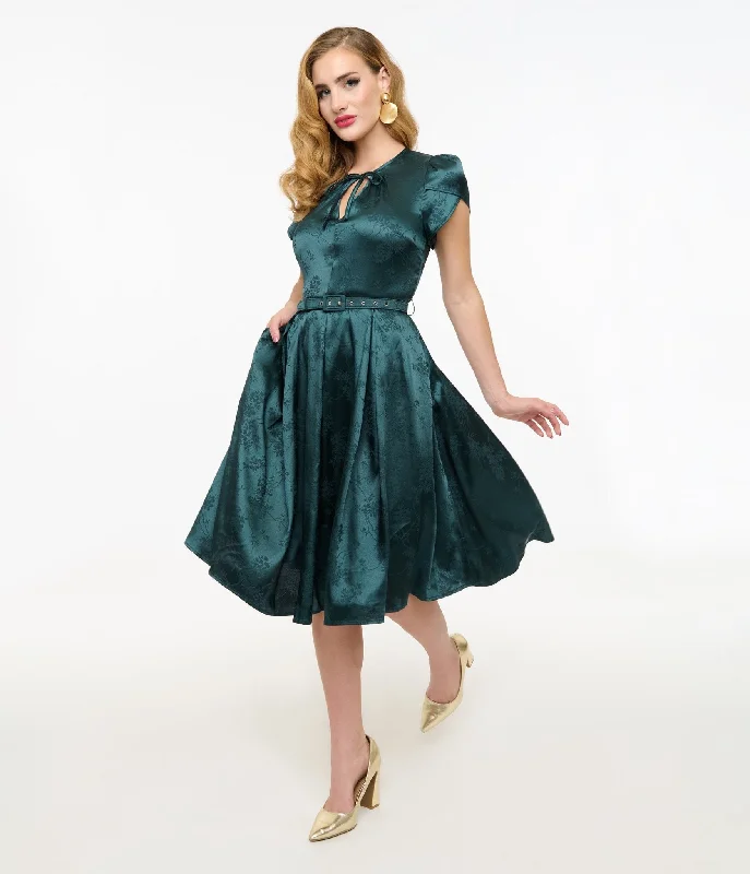 golden champagne dress-Unique Vintage 1940s Teal Floral Print Dahlia Swing Dress