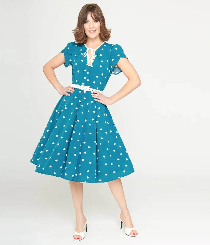 salmon pink dress-Unique Vintage 1940s Teal & White Heart Dahlia Swing Dress