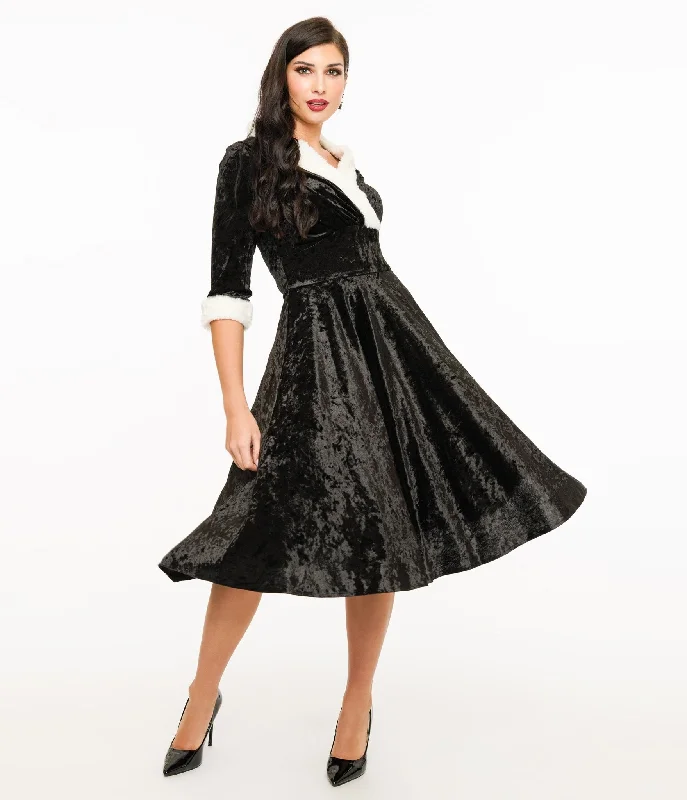 cinched evening dress-Unique Vintage 1950s Black Crushed Velvet & White Fur Delores Swing Dress