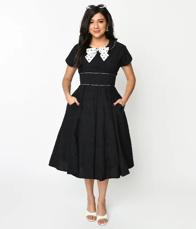 aqua silk dress-Unique Vintage 1950s Black & Ivory Polka Dot Bow Cotton Swing Dress