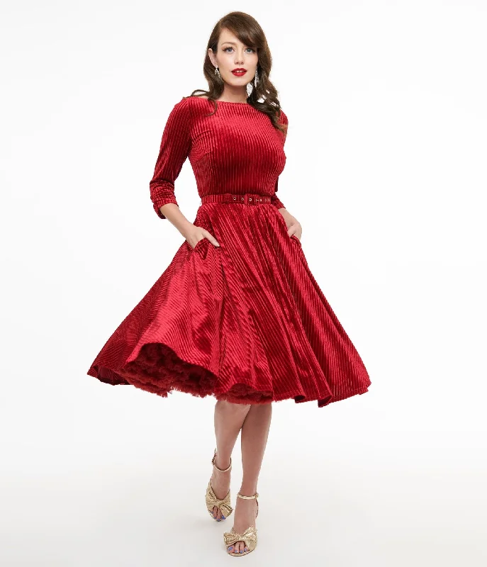 retro prom dress-Unique Vintage 1950s Burgundy Textured Velvet Devon Swing Dress