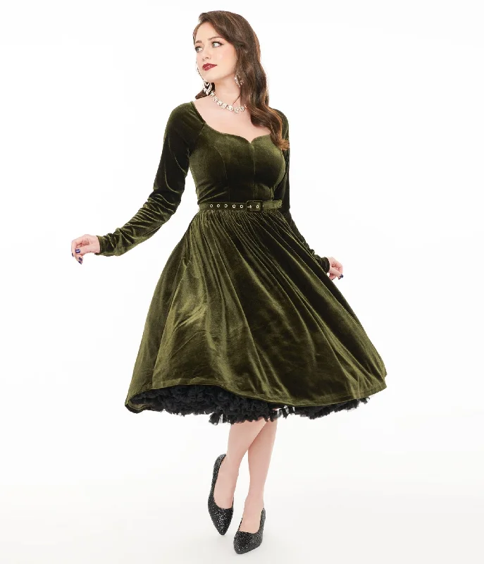 gypsy lace dress-Unique Vintage 1950s Dark Olive Velvet Sweetheart Swing Dress