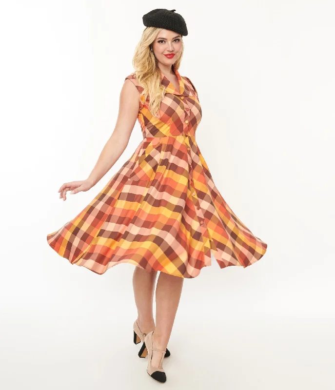 chevron prom dress-Unique Vintage 1950s Fall Madras Plaid Shirt Dress