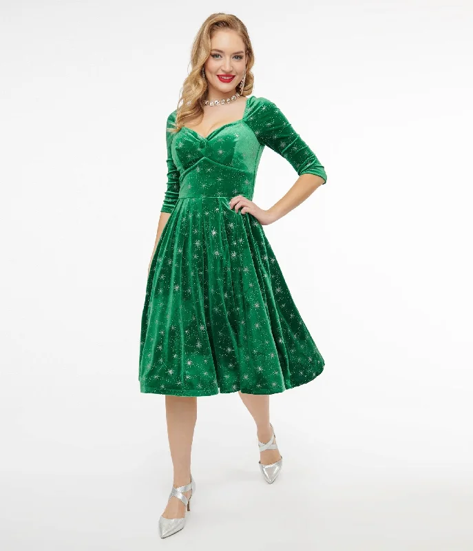 aqua evening dress-Unique Vintage 1950s Green & Silver Snowflake Velvet Lamar Swing Dress