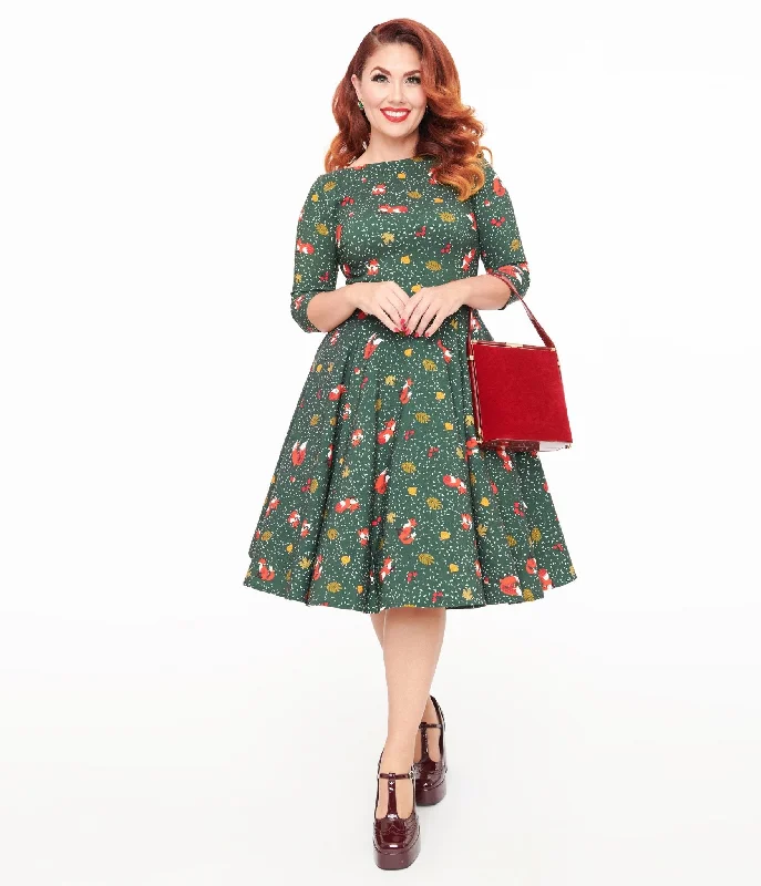 retro mini dress-Unique Vintage 1950s Green Winter Fox Devon Swing Dress