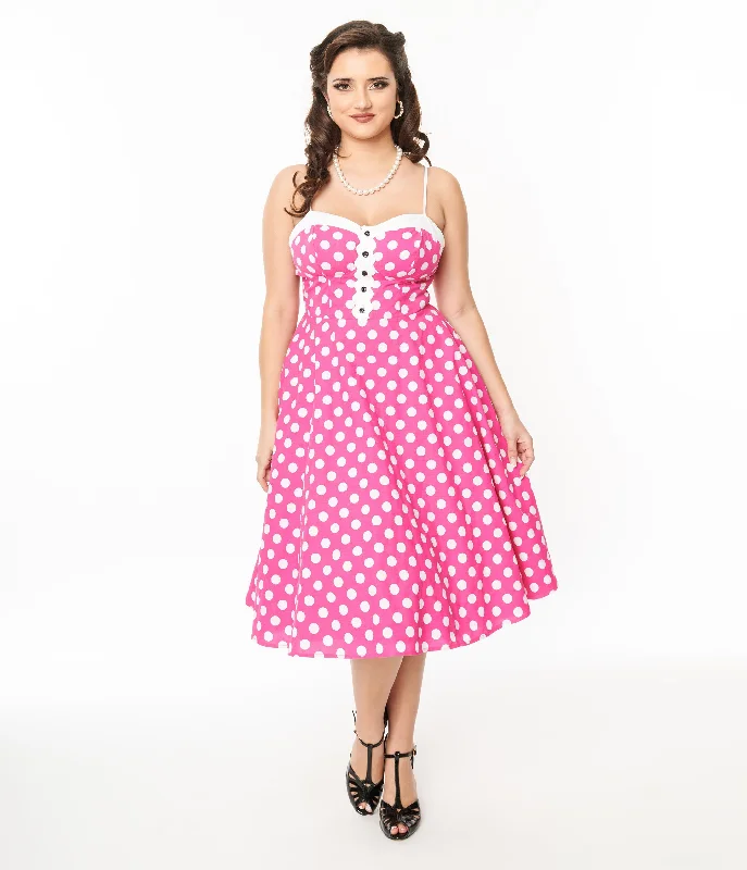 checked shirt dress-Unique Vintage 1950s Hot Pink & White Polka Dot Cotton Swing Dress