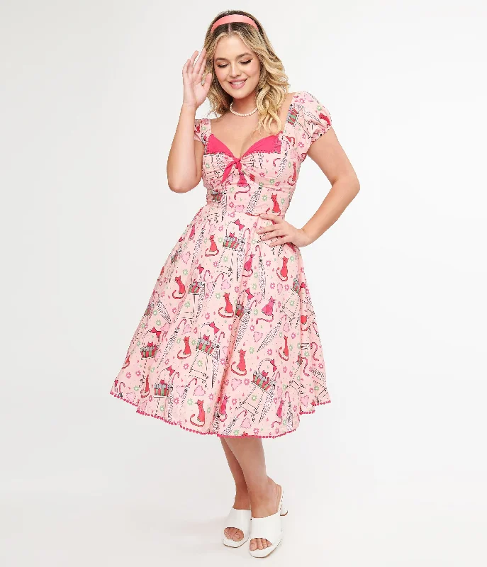 snap button prom dress-Unique Vintage 1950s Pink Caturday Print Cotton Swing Dress