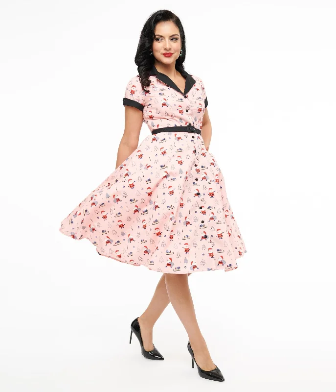 structured party dress-Unique Vintage 1950s Pink Santa Print Alexis Swing Dress