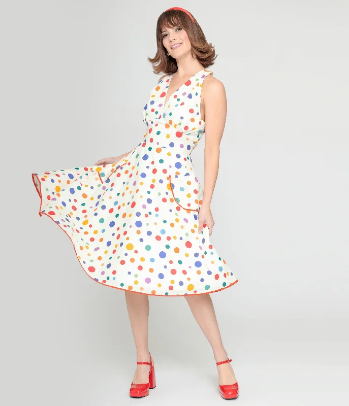 golden champagne cocktail dress-Unique Vintage 1950s Rainbow Polka Dot Cotton Halter Swing Dress