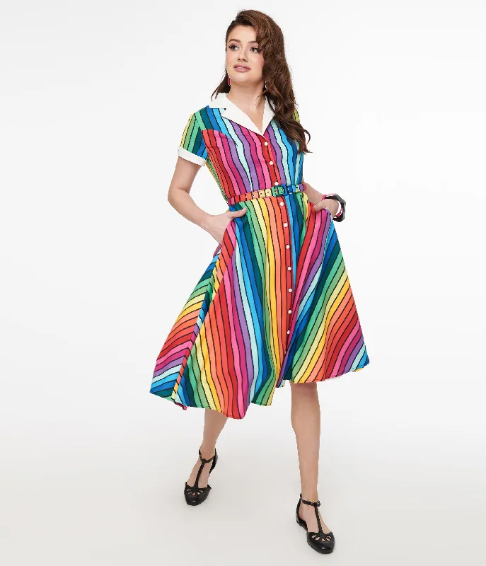 fitted sundress-Unique Vintage 1950s Rainbow Stripe Pride Alexis Swing Dress