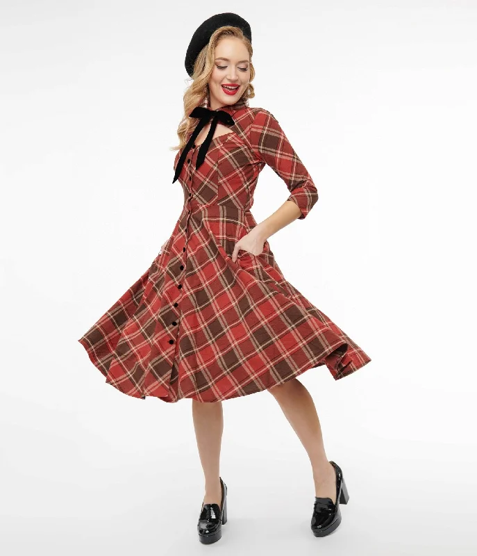 snap button sundress-Unique Vintage 1950s Red & Brown Bias Plaid Swing Dress