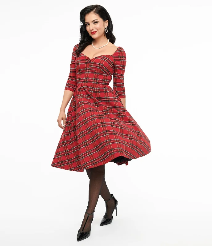 ivory prom dress-Unique Vintage 1950s Red Plaid Lamar Swing Dress