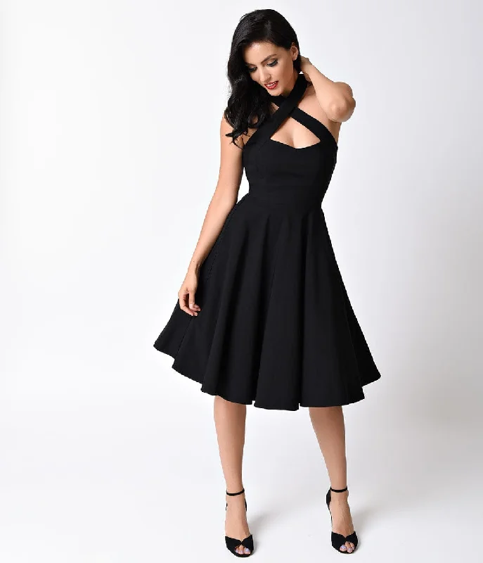 breezy evening dress-Unique Vintage Black Criss Cross Halter Rita Flare Dress