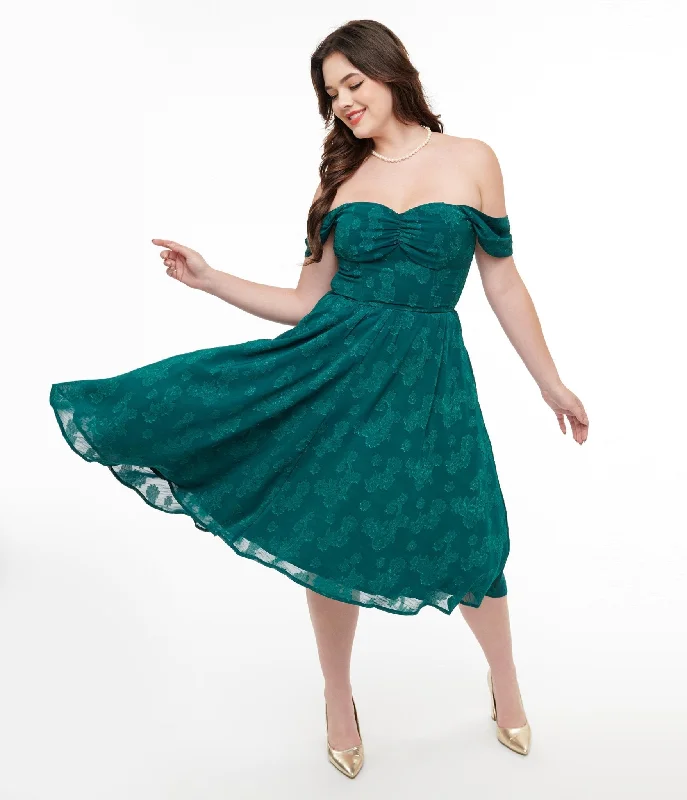 voluminous prom dress-Unique Vintage 1950s Teal Jacquard Off Shoulder Flare Dress