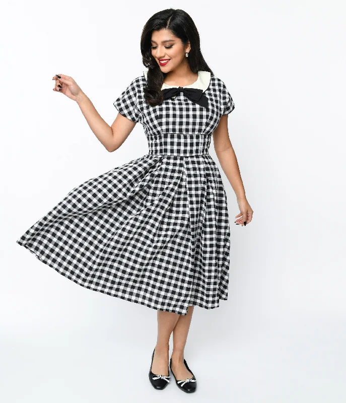 mesh sleeve sundress-Unique Vintage 1950s White & Black Gingham Swing Dress