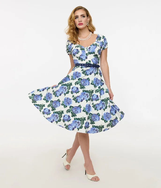 tropical midi dress-Unique Vintage 1960s Blue Winter Floral Ohara Swing Dress