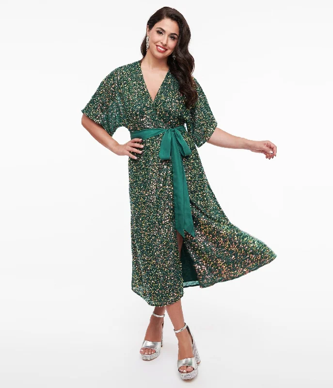 accordion sundress-Unique Vintage 1960s Green Sequin Wrap Midi Dress