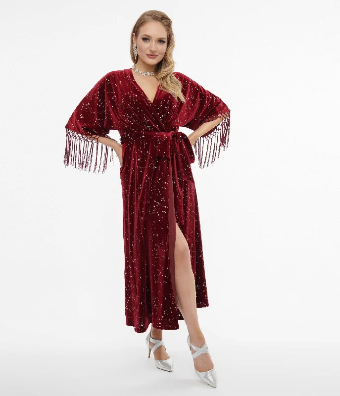 chiffon prom dress-Unique Vintage 1970s Burgundy Velvet Silver Star Wrap Midi Dress