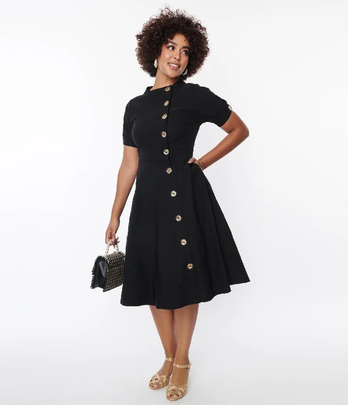 jet black prom dress-Unique Vintage Black Button Swing Dress