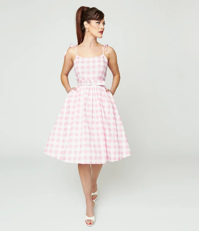 tartan evening dress-Unique Vintage Pink & White Gingham Bobbie Swing Dress