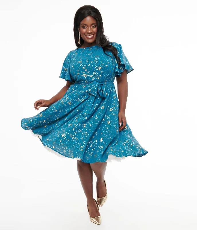 puffed sleeve sundress-Unique Vintage Plus Size 1930s Teal & Gold Star Swing Dress