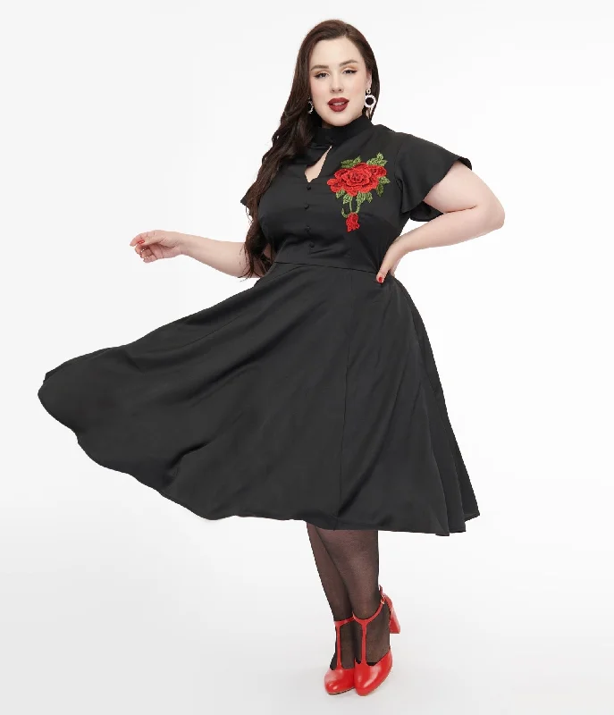 sparkling prom dress-Unique Vintage Plus Size 1940s Black & Red Poinsettia Baltimore Swing Dress