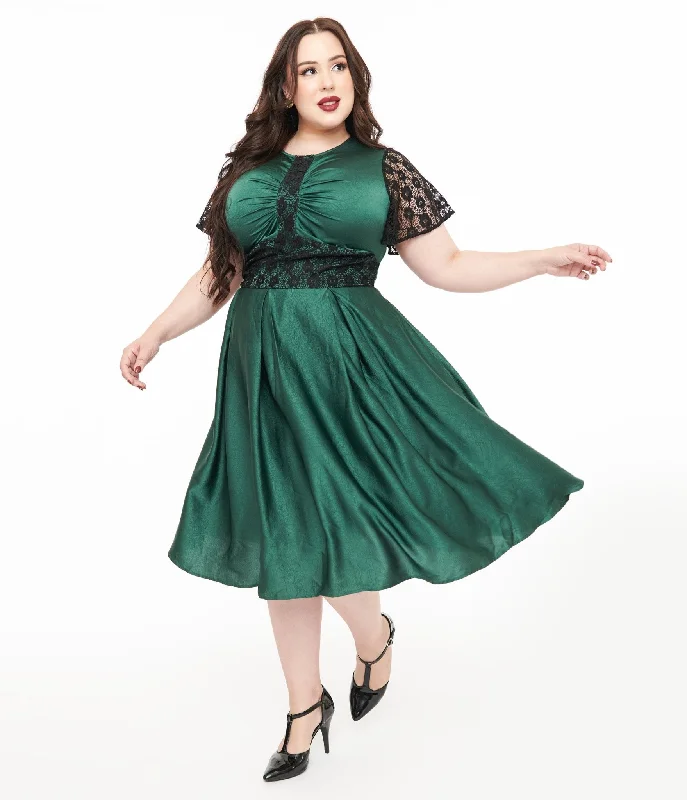 salmon pink cocktail dress-Unique Vintage Plus Size 1940s Emerald Green & Black Lace Swing Dress