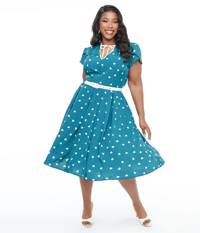 platinum silver dress-Unique Vintage Plus Size 1940s Teal & White Heart Dahlia Swing Dress