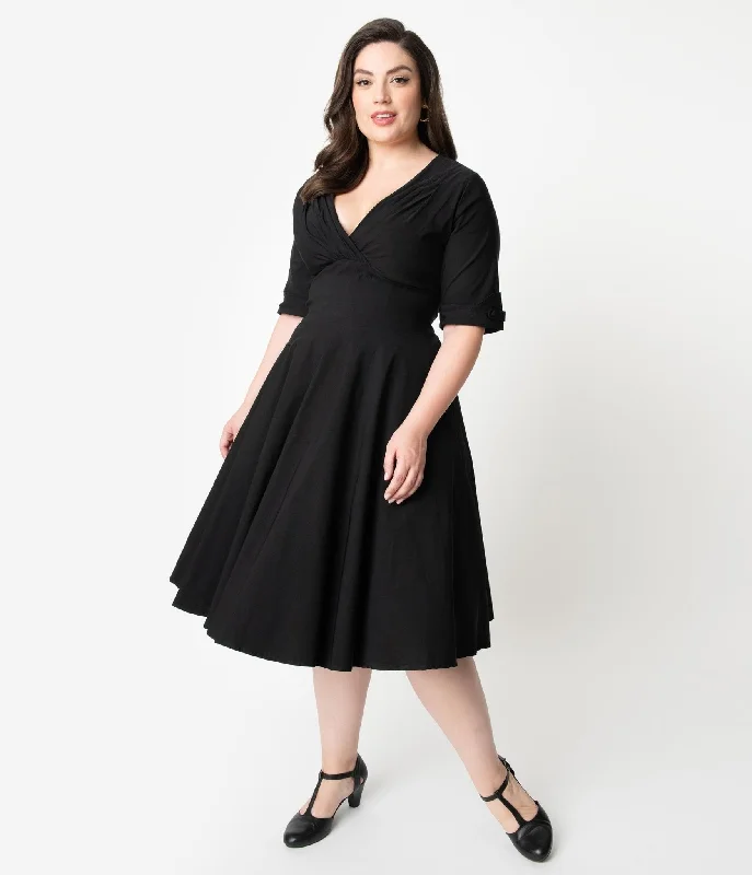 forest green maxi dress-Unique Vintage Plus Size Black Delores Swing Dress with Sleeves