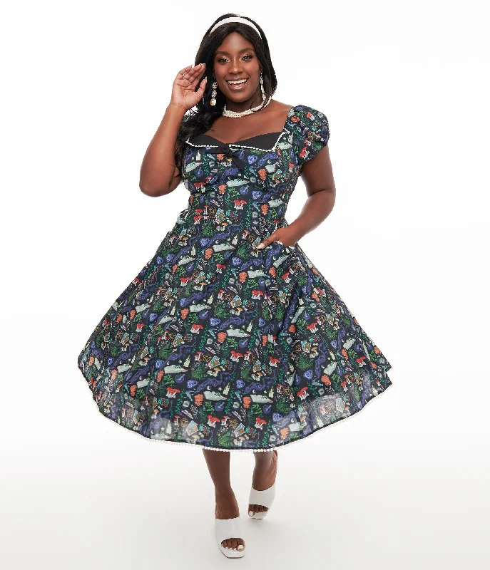 retro evening dress-Unique Vintage Plus Size 1950s Black Spellbinding Print Swing Dress