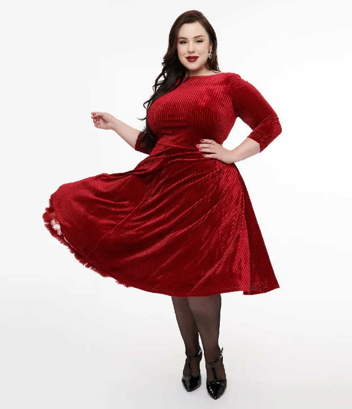 gypsy prom dress-Unique Vintage Plus Size 1950s Burgundy Textured Velvet Devon Swing Dress