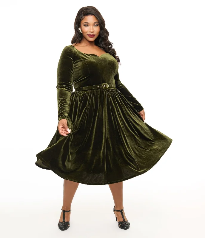 checked mini dress-Unique Vintage Plus Size 1950s Dark Olive Velvet Sweetheart Swing Dress