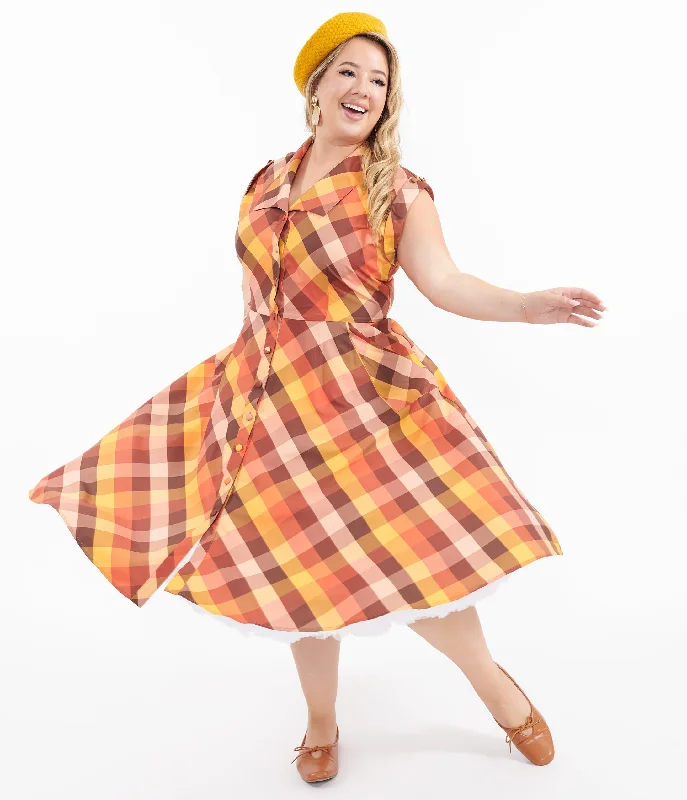 tropical prom dress-Unique Vintage Plus Size 1950s Fall Madras Plaid Shirt Dress