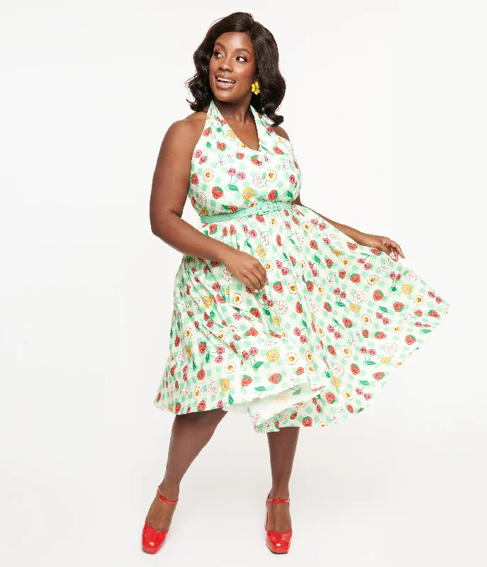 retro lace dress-Unique Vintage Plus Size 1950s Green Gingham Spooky Fruit Print Halter Swing Dress