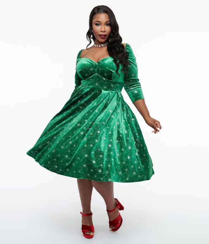 wine red prom dress-Unique Vintage Plus Size 1950s Green & Silver Snowflake Velvet Lamar Swing Dress