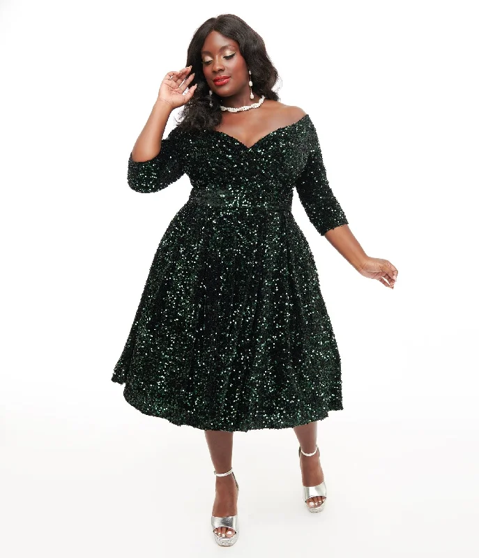 charcoal grey sundress-Unique Vintage Plus Size 1950s Green Velvet Sequin Marceline Swing Dress