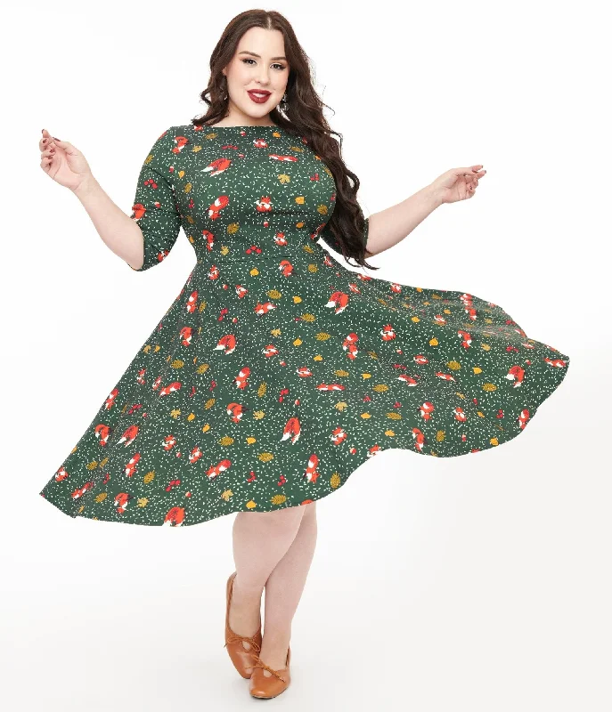 gypsy maxi dress-Unique Vintage Plus Size 1950s Green Winter Fox Devon Swing Dress