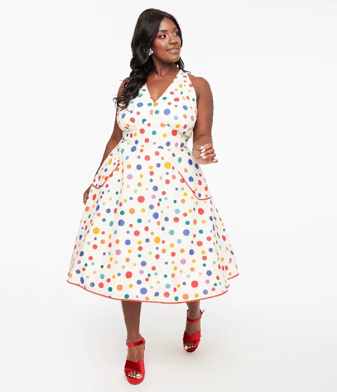 indigo sundress-Unique Vintage Plus Size 1950s Rainbow Polka Dot Cotton Halter Swing Dress