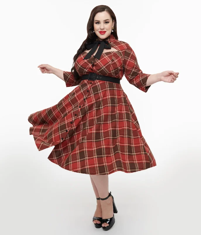 sparkling sundress-Unique Vintage Plus Size 1950s Red & Brown Bias Plaid Swing Dress