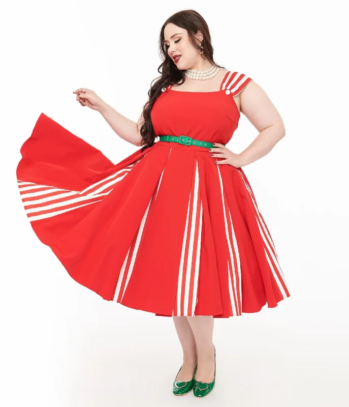 bronze party dress-Unique Vintage Plus Size 1950s Red & White Stripe Swing Dress