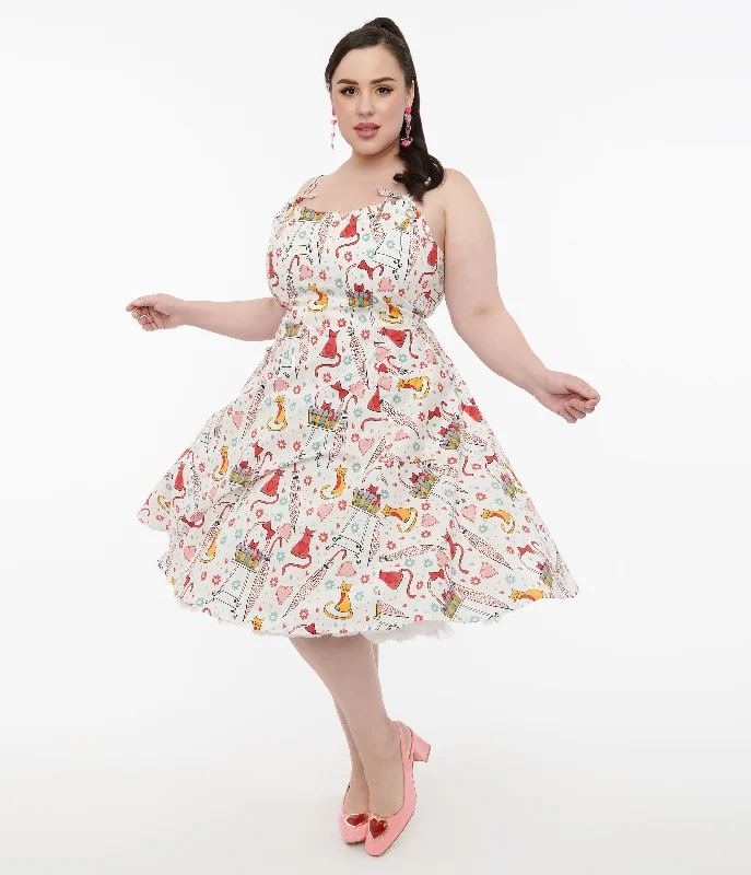 cranberry red cocktail dress-Unique Vintage Plus Size 1950s Red & Yellow Cat Print Cotton Bobbie Swing Dress