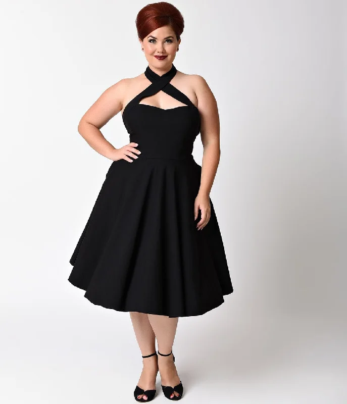 hand-stitched evening dress-Unique Vintage Plus Size Black Criss Cross Halter Rita Flare Dress