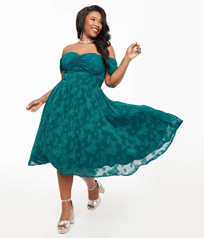 deep plunge maxi dress-Unique Vintage Plus Size 1950s Teal Jacquard Off Shoulder Flare Dress