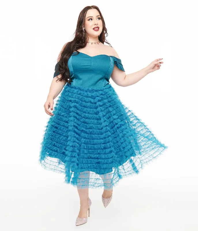 dramatic sundress-Unique Vintage Plus Size 1950s Teal Mesh Tulle Off The Shoulder Swing Dress