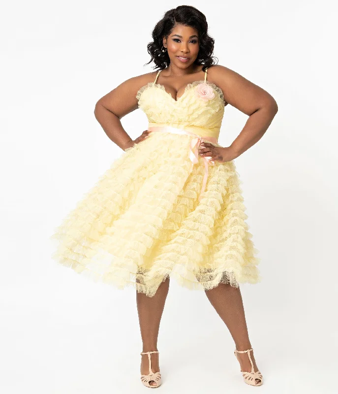 hand-stitched midi dress-Unique Vintage Plus Size 1950s Yellow Tulle Cupcake Swing Dress