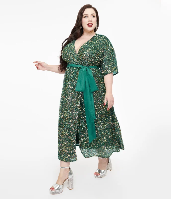 mock neck sundress-Unique Vintage Plus Size 1960s Green Sequin Wrap Midi Dress