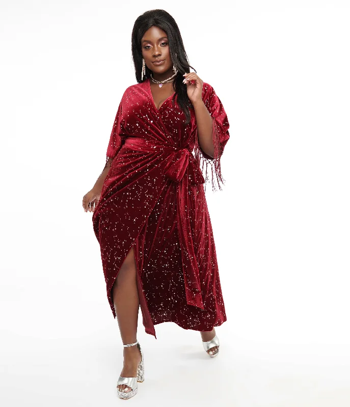 hand-stitched prom dress-Unique Vintage Plus Size 1970s Burgundy Velvet Silver Star Wrap Midi Dress