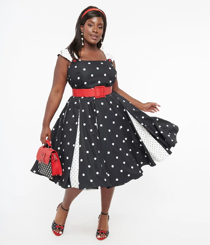 tropical party dress-Unique Vintage Plus Size Black & White Polka Dot Stripe Swing Dress